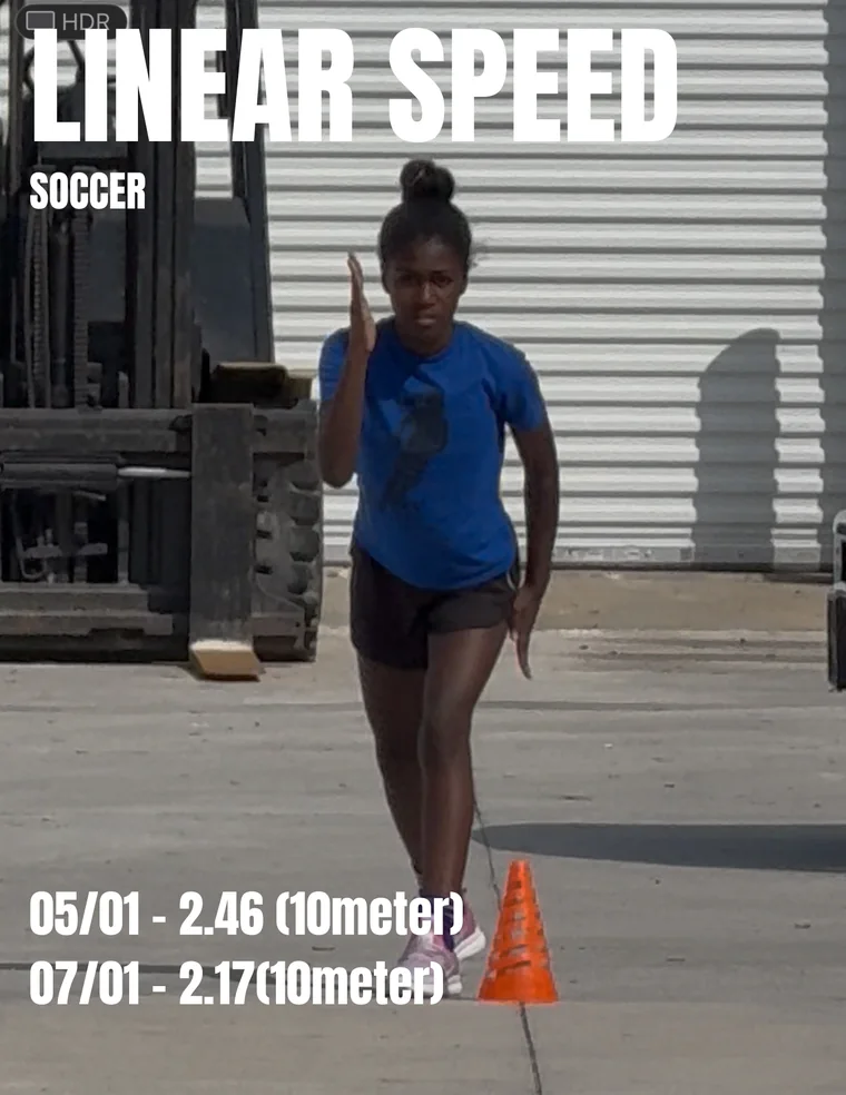 Young soccer athlete sprinting through a timing gate during a 10 meter test