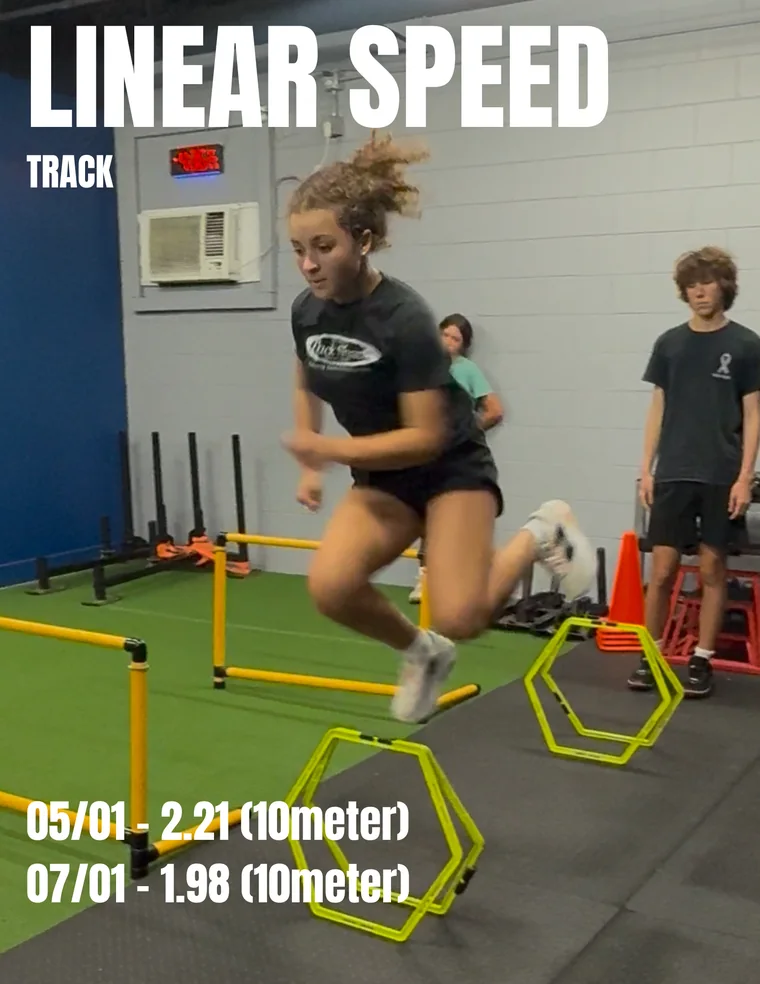 Track athlete driving through a hexagon agility ladder while teammates watch